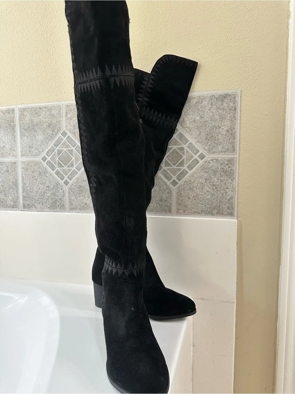 Matisse Black Suede Over-the-Knee Boots with Geometric Stitching